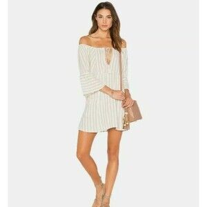 Free People Folk Town Bell Sleeve Striped Mini Dress Neutral Off Shoulder XS